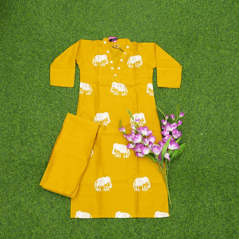 Yellow Color Elephant Print Embroidered 2-Piece Designer Dress