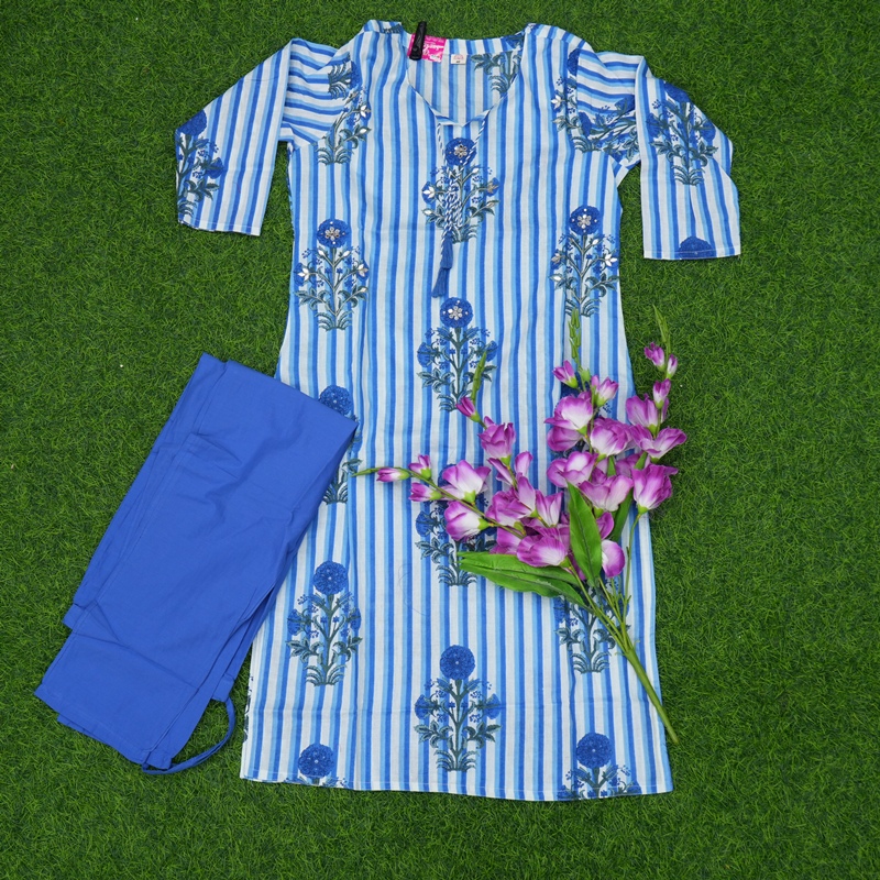 Blue and White Color Striped Floral Printed Casual Ethnic Co-ord Set