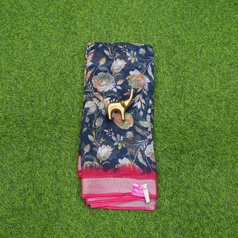 Navy Blue and Pink Color Chiffon Georgette Floral Printed with Zari Border Saree