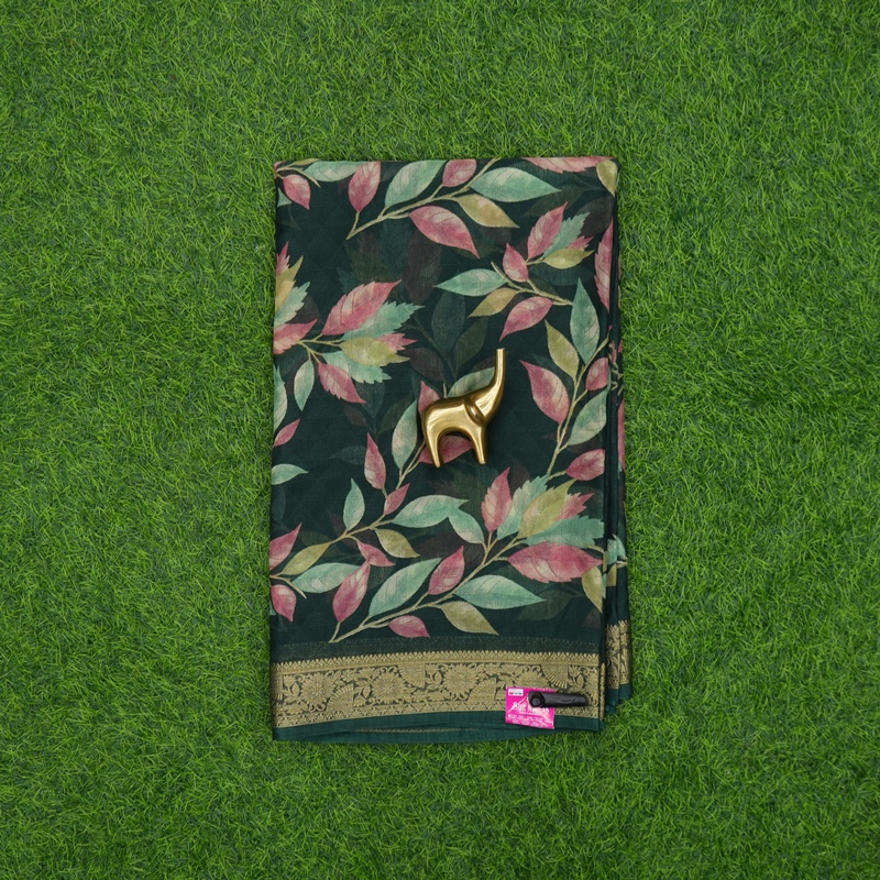 Green Color Leaf Printed Georgette Traditional Zari Border Saree