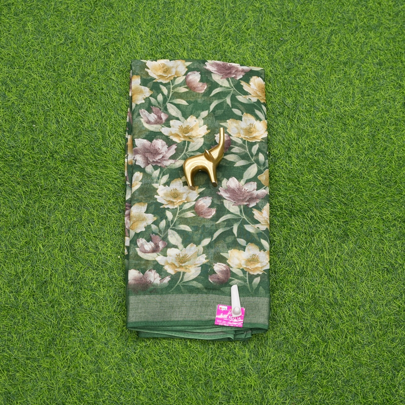Bottle Green Color Chiffon Georgette Floral Printed with Zari Border Saree