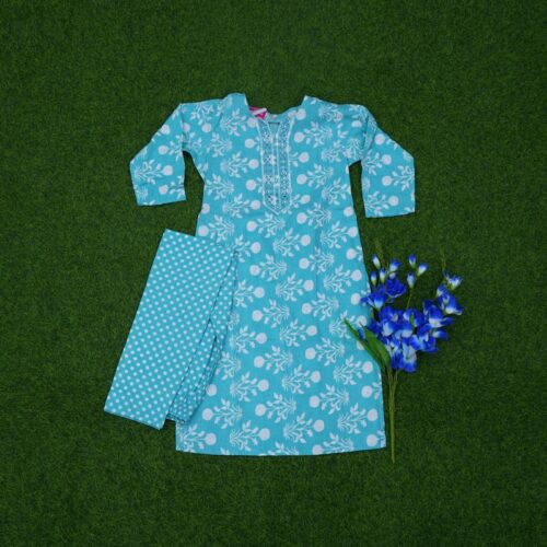 Turquoise Blue Color Floral Printed 2-Piece Designer Dress