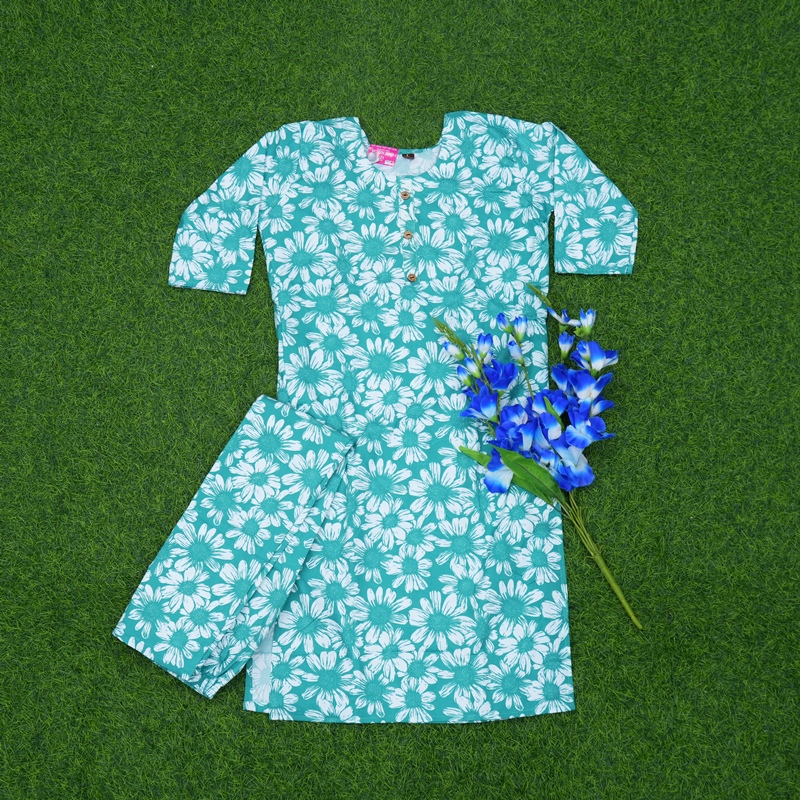 Sea Green Color Daisy Floral Printed 2-Piece Designer Dress