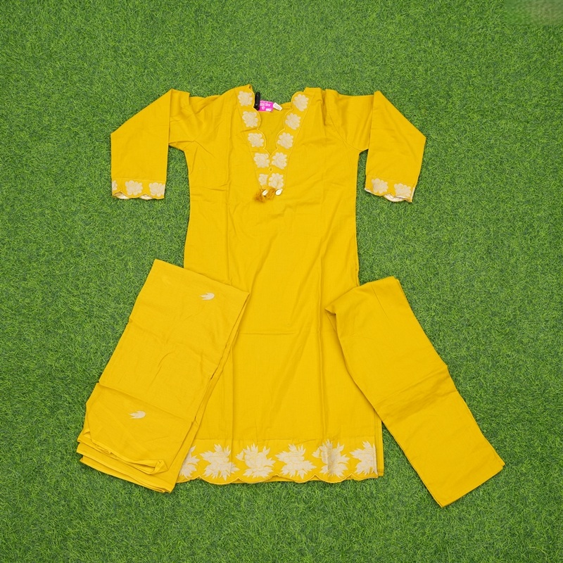 Yellow Color Floral Borders Embroidered 3-Piece Designer Dress