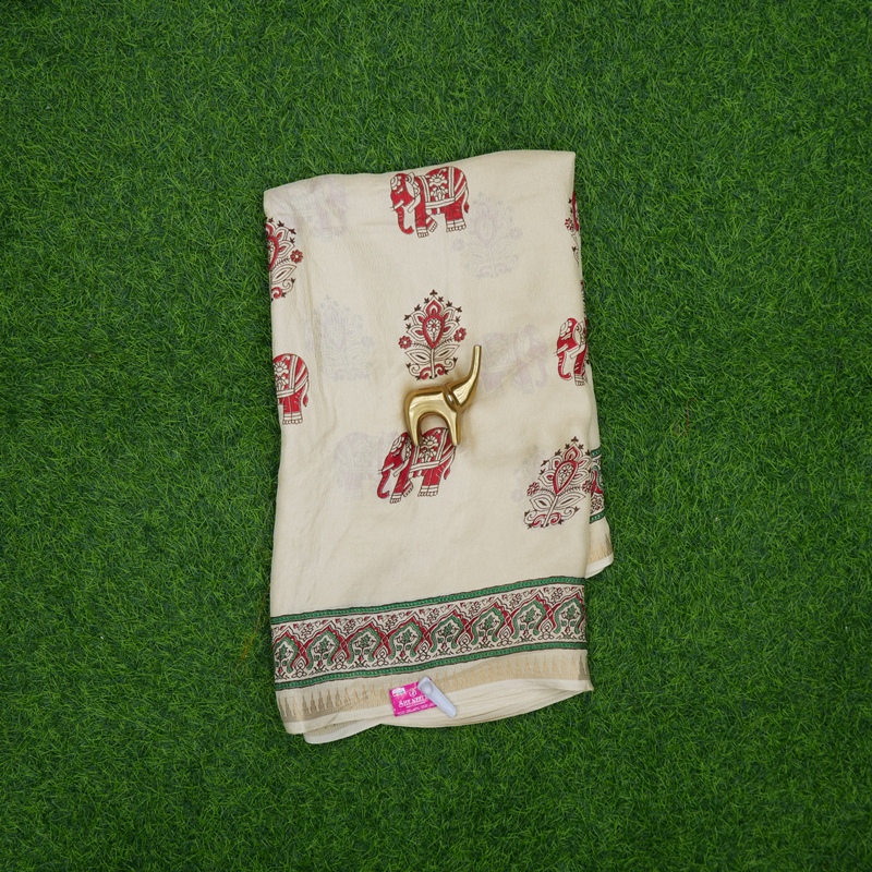 Cream Color Traditional Elephant Block Print Saree