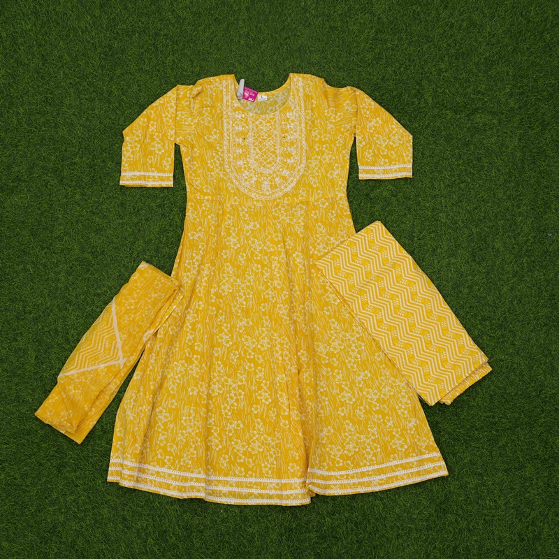 Yellow Color Block Printed and Embroidered Anarkali 3-Piece Designer Dress