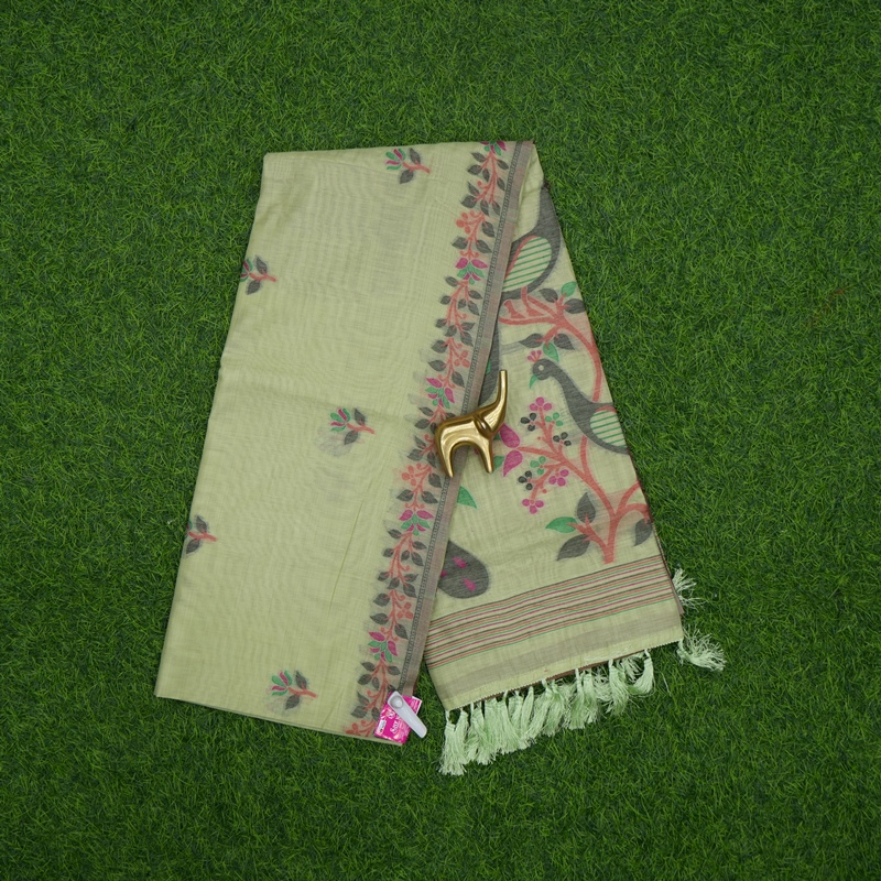 Pista Green Color Jamdani Style Peacock Pallu with Linen Fancy Saree