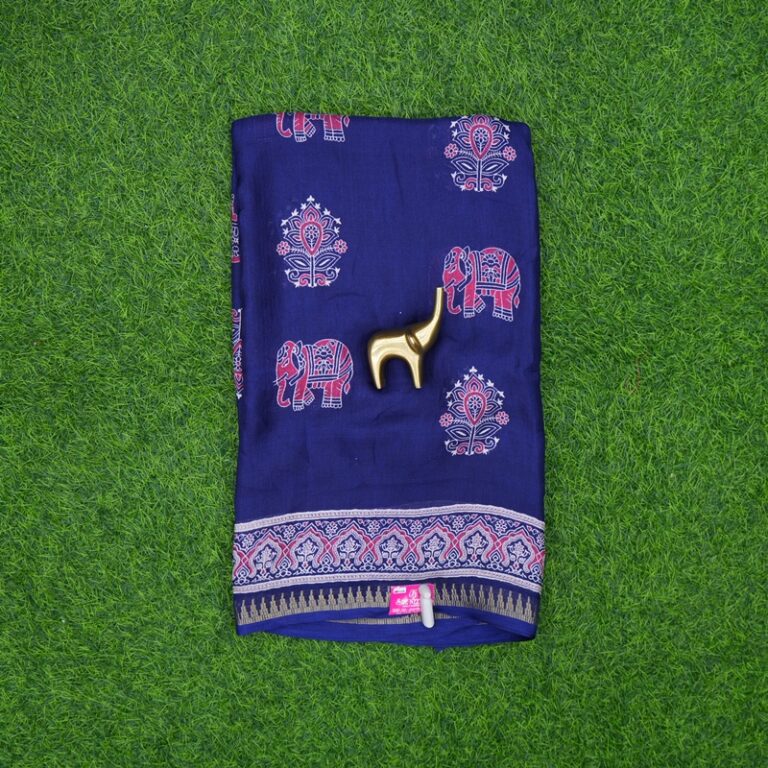 Blue Color Traditional Elephant Block Print Saree