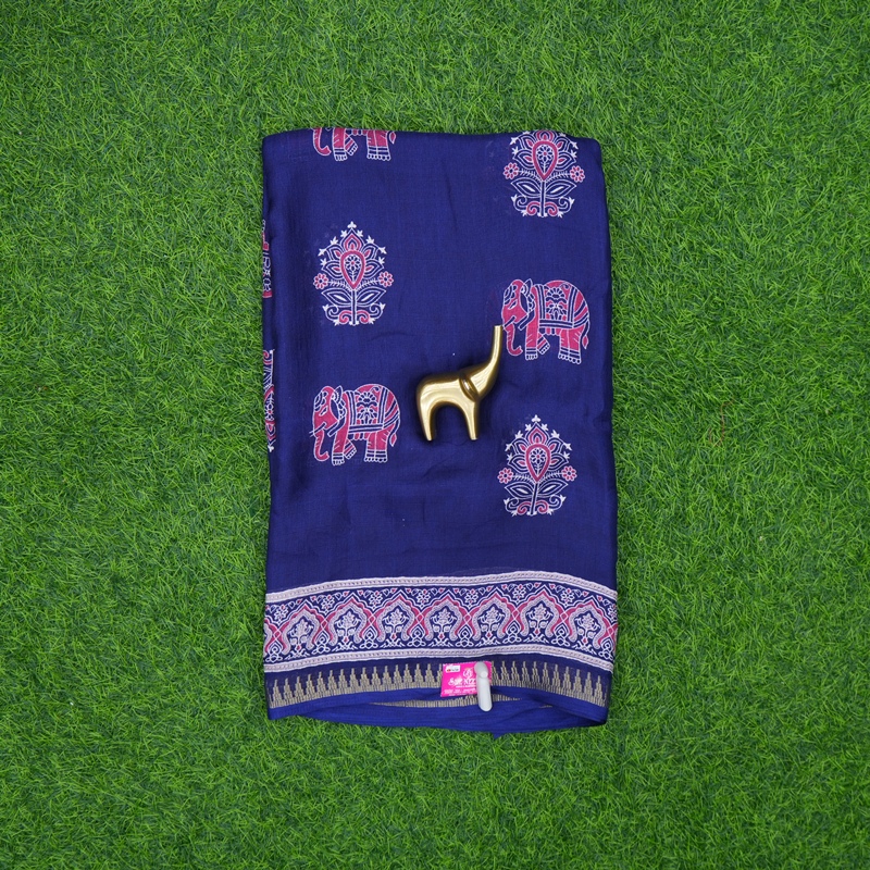 Blue Color Traditional Elephant Block Print Saree