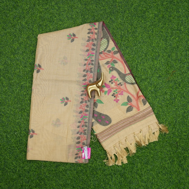 Cream Color Jamdani Style Peacock Pallu with Linen Fancy Saree