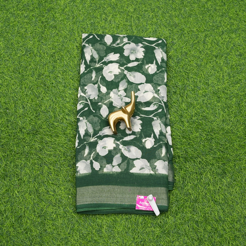 Green Color Chiffon Georgette Floral Printed with Zari Border Saree