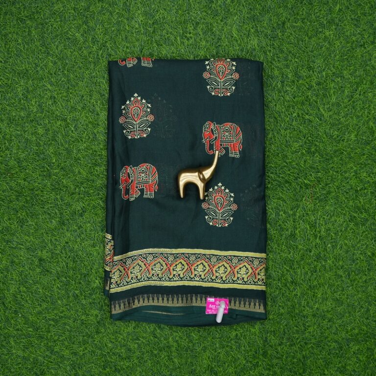 Green Color Traditional Elephant Block Print Saree