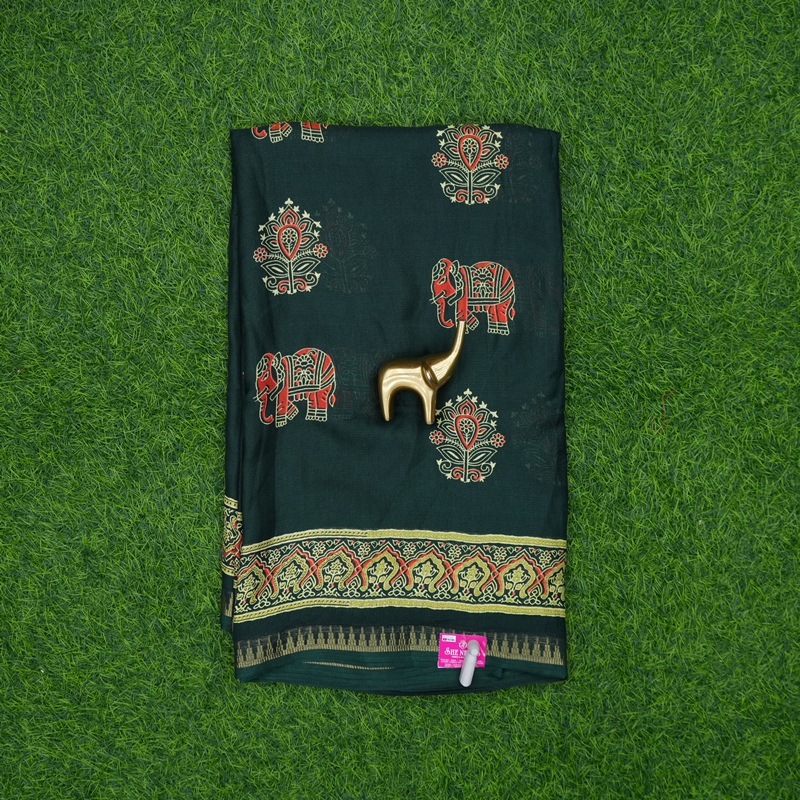 Green Color Traditional Elephant Block Print Saree
