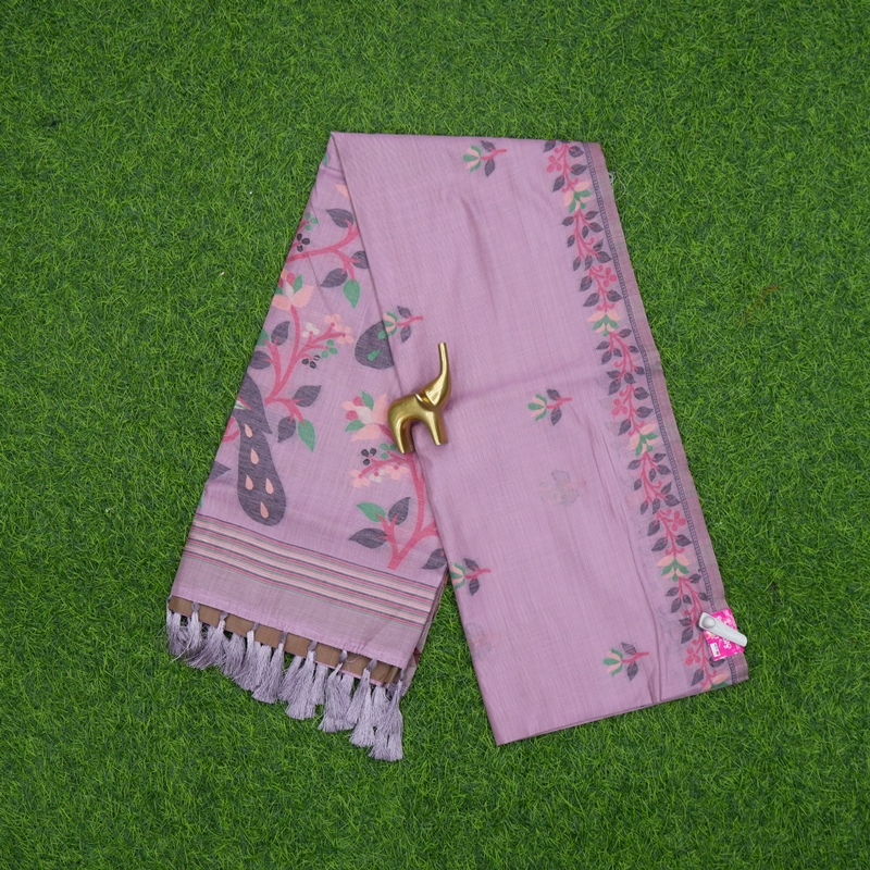 Lavender Color Jamdani Style Peacock Pallu with Linen Fancy Saree