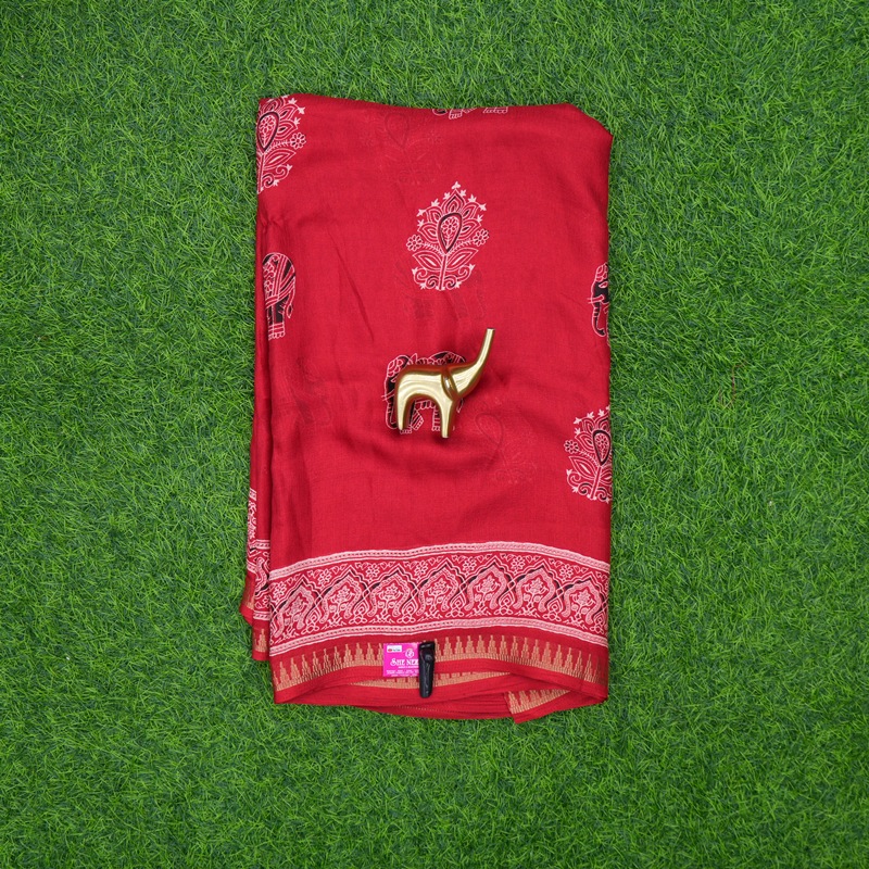 Red Color Traditional Elephant Block Print Saree