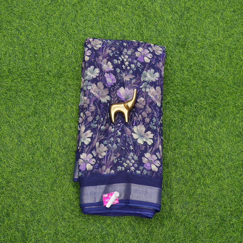 Indigo Blue Color Chiffon Georgette Multicolor Floral Printed with Zari Border Saree