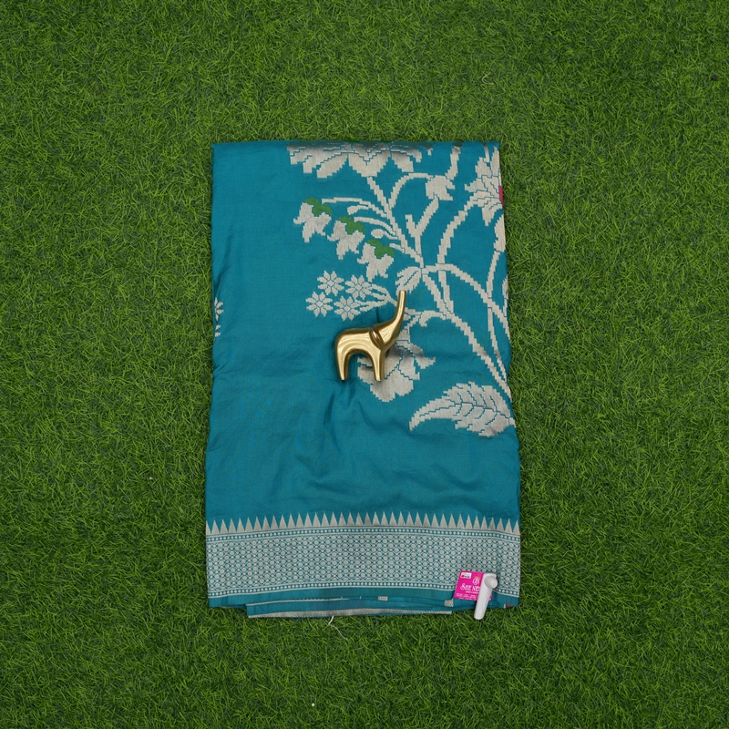 Teal Blue Color Banarasi Silk Floral Butta Fancy Saree