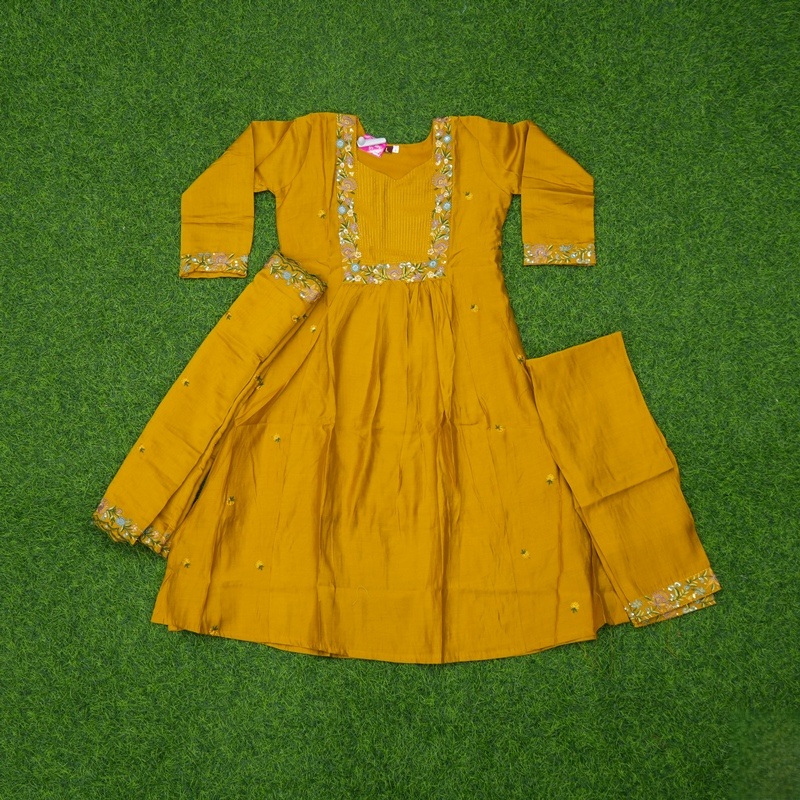 Mustard Yellow Color Traditional Embroidered Anarkali 3-Piece Designer Dress
