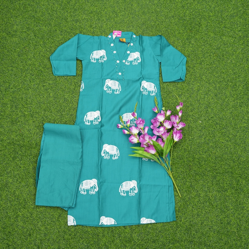 Turquoise Color Elephant Print Embroidered 2-Piece Designer Dress