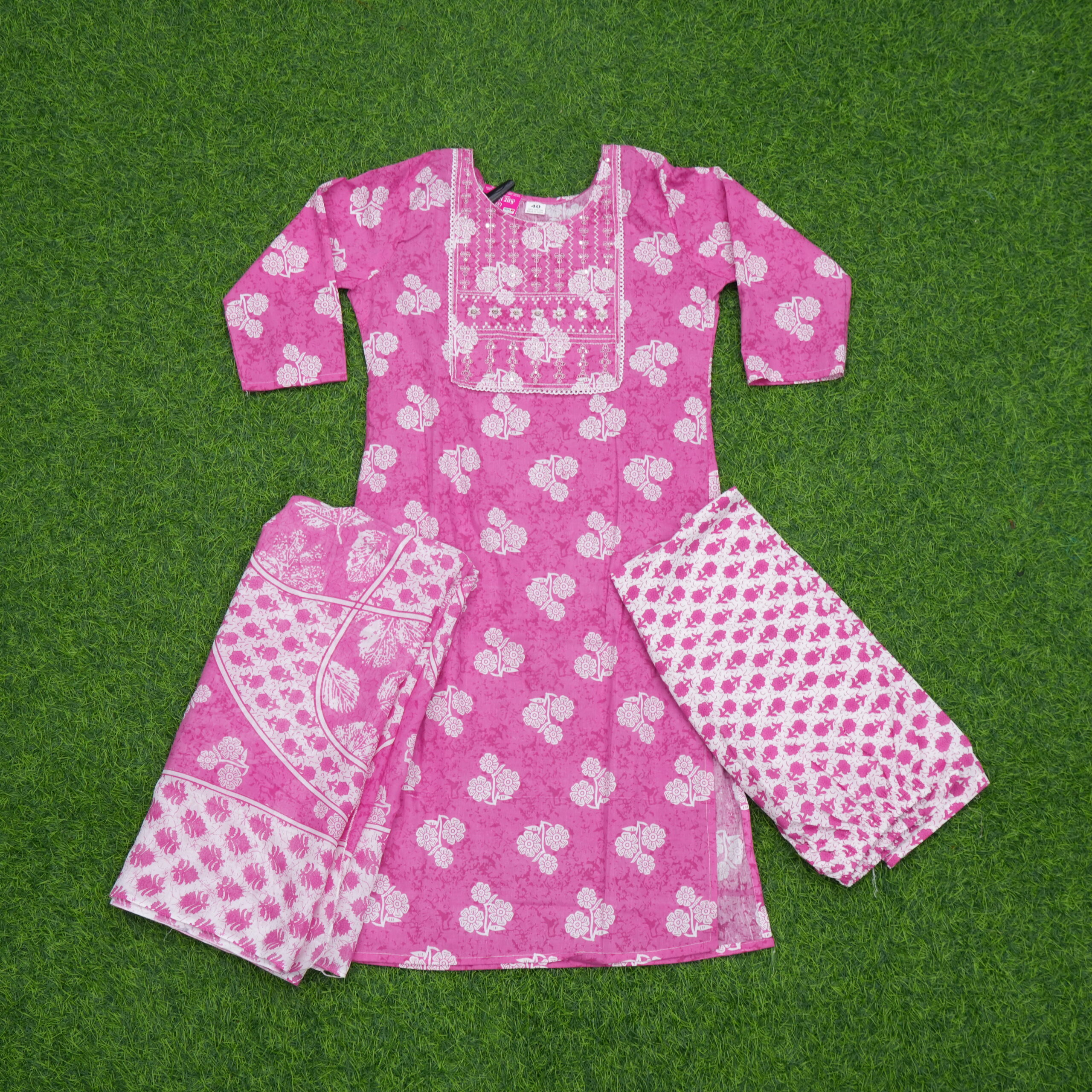 Pink Floral Printed Cotton 3 Piece Kurta Set with Dupatta