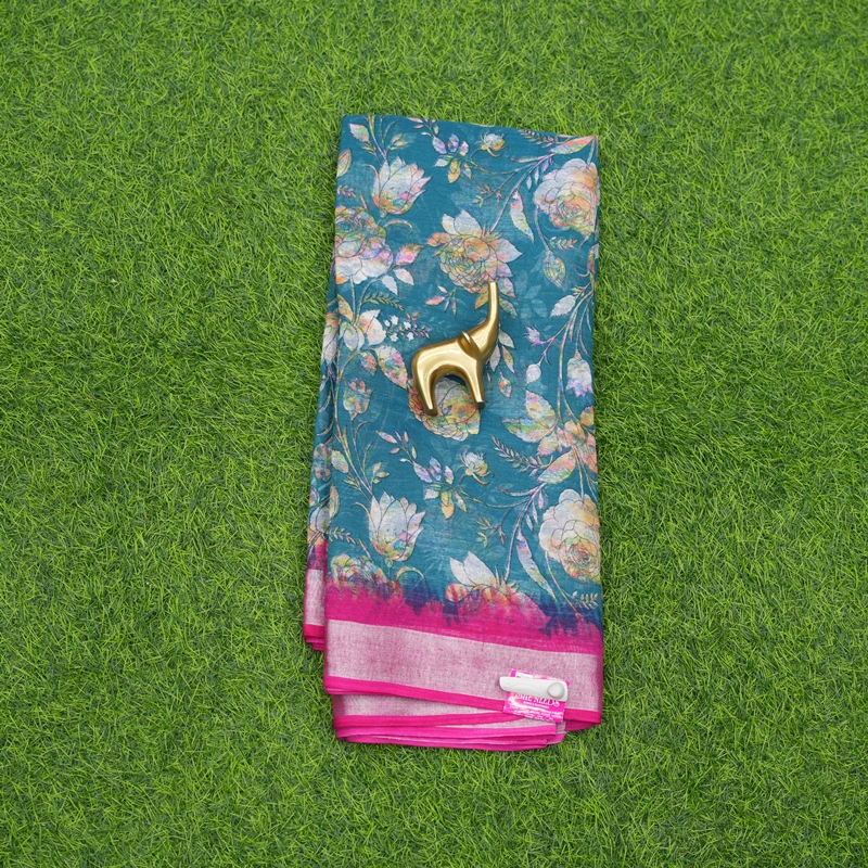 Teal Blue and Pink Color Chiffon Georgette Floral Printed with Zari Border Saree