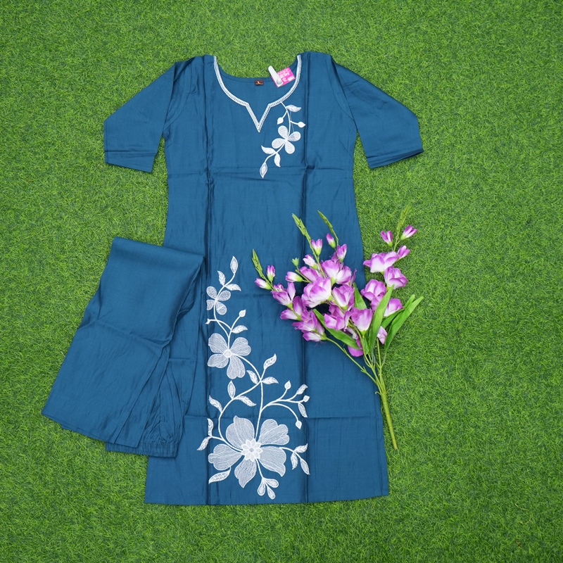 Teal Blue Color Floral Embroidered 2-Piece Designer Dress