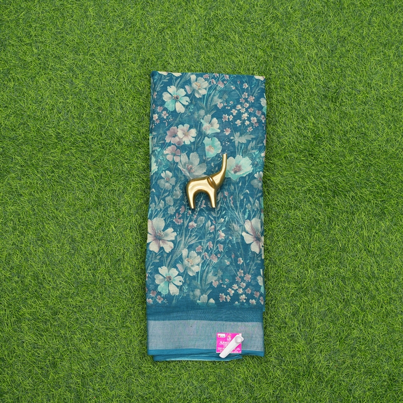 Teal Blue Color Chiffon Georgette Multicolor Floral Printed with Zari Border Saree