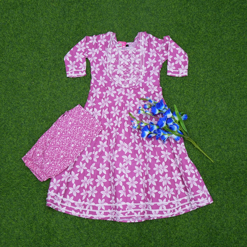 Pink Color Bold Floral Printed Anarkali 2-Piece Designer Dress