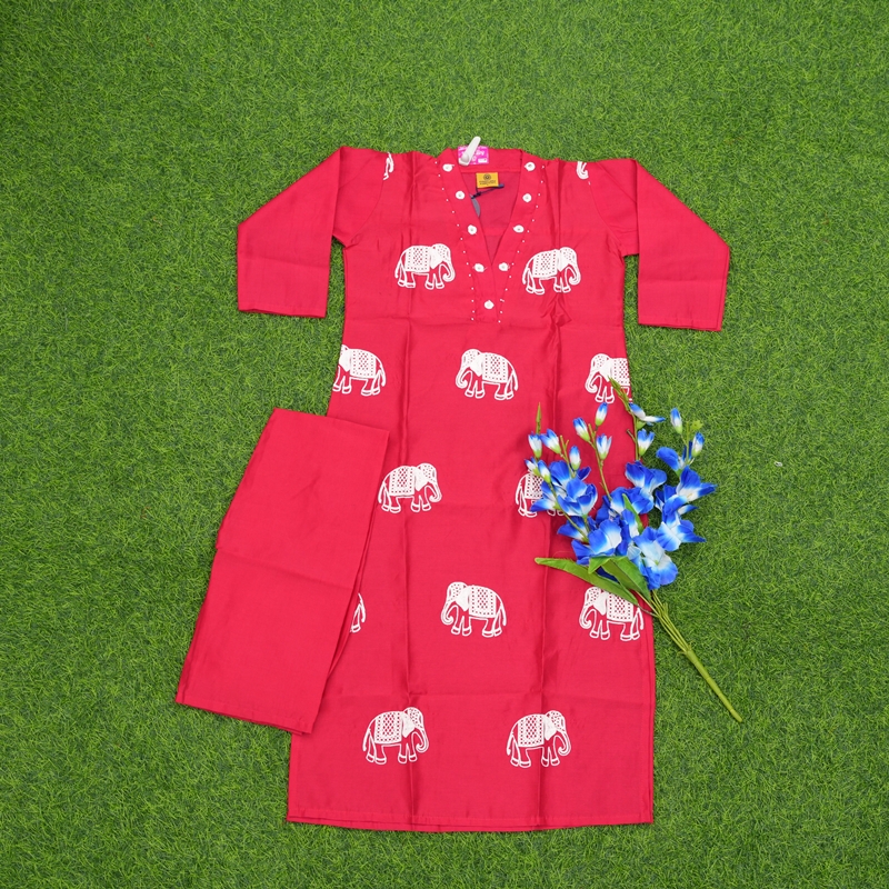 Red Color Elephant Print Embroidered 2-Piece Designer Dress