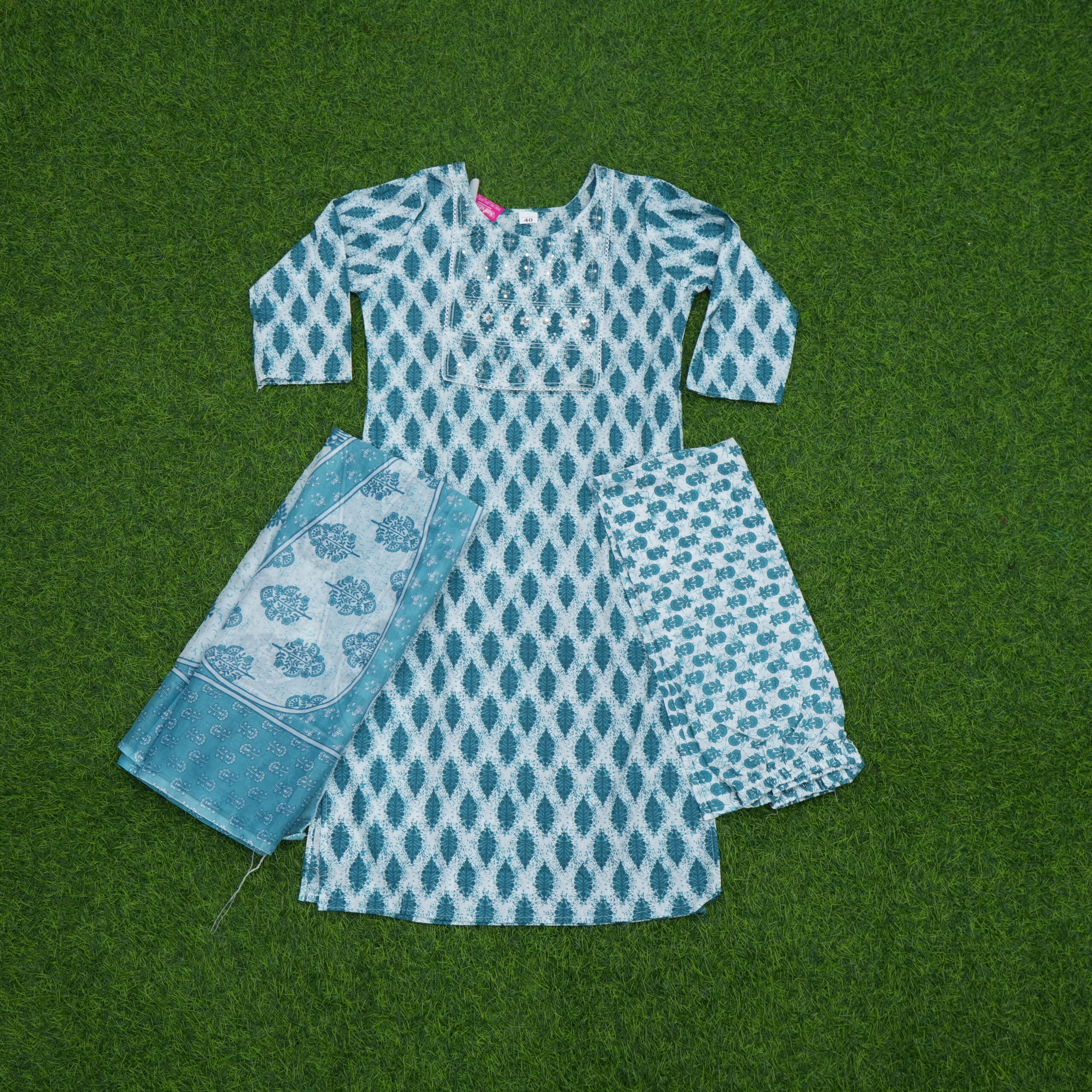 Blue Floral Printed Cotton 3 Piece Kurta Set with Dupatta