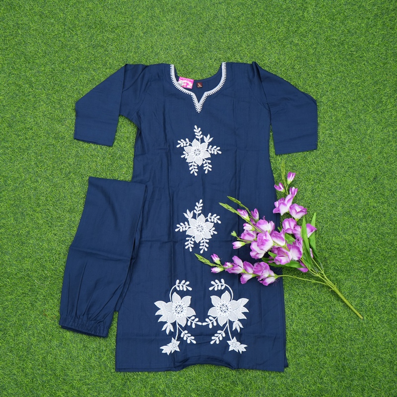 Navy Blue Color Floral Embroidered 2-Piece Designer Dress