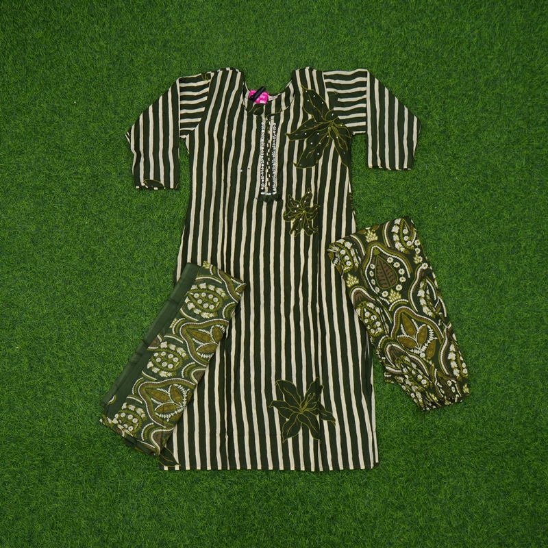 Green Color Floral Applique Printed 3-Piece Designer Dress