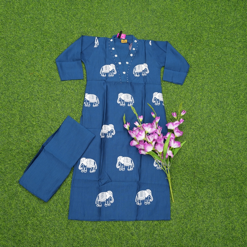 Blue Color Elephant Print Embroidered 2-Piece Designer Dress