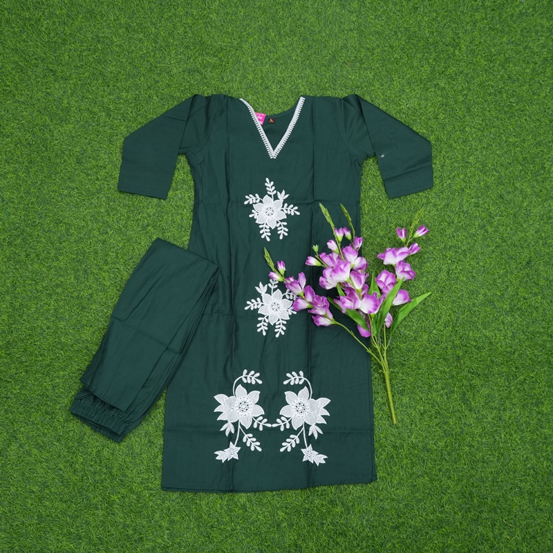 Bottle Green Color Floral Embroidered 2-Piece Designer Dress