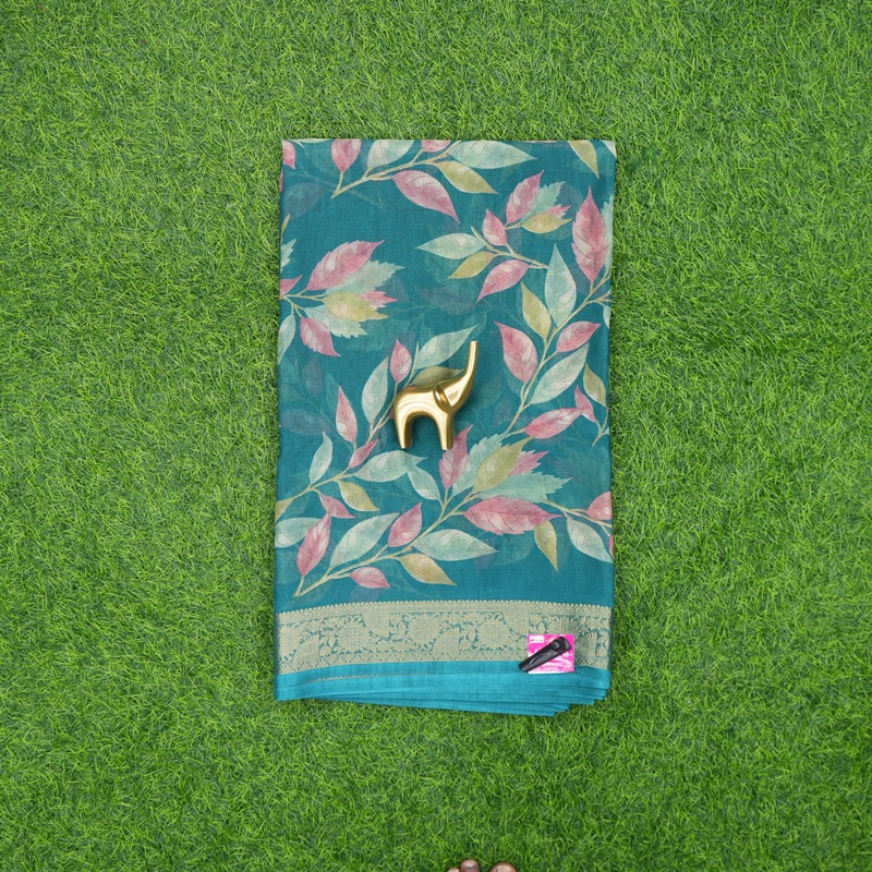 Teal Blue Color Leaf Printed Georgette Traditional Zari Border Saree