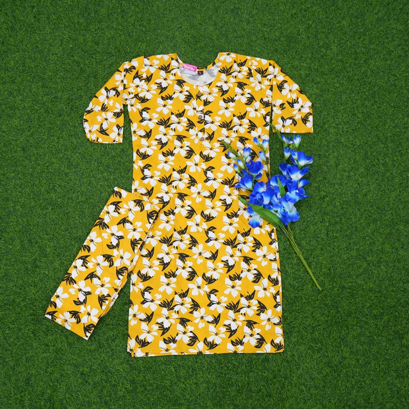 Mustard Yellow Color Bold Floral Printed 2-Piece Designer Dress