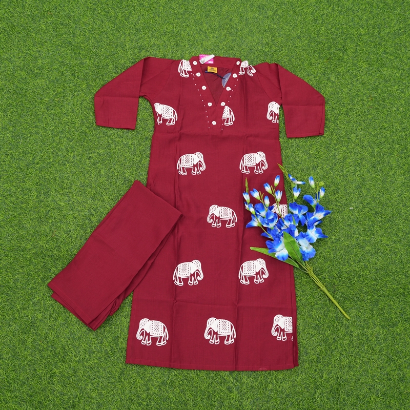 Maroon Color Elephant Print Embroidered 2-Piece Designer Dress