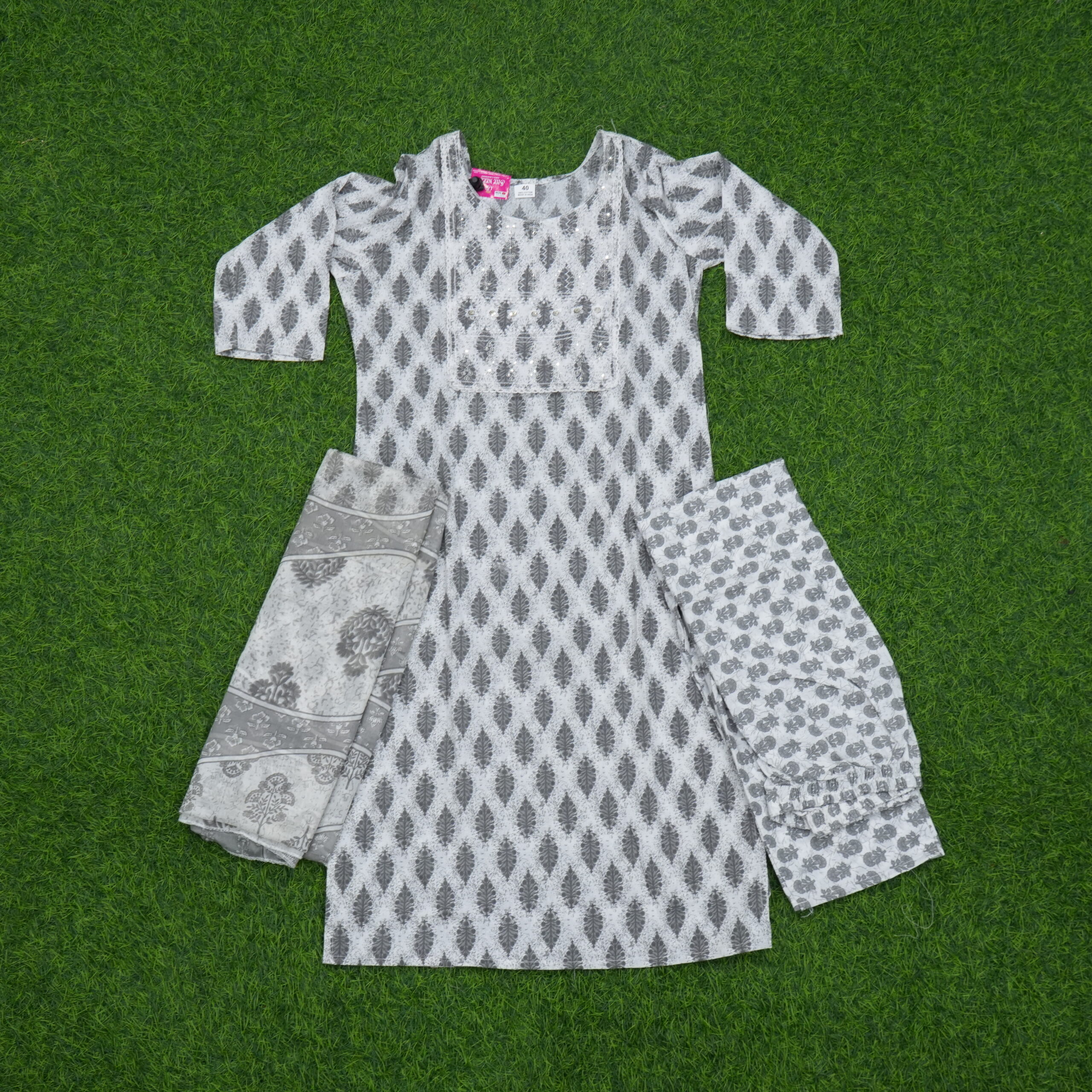 Grey Ikat Printed Cotton 3 Piece Kurta Set with Dupatta