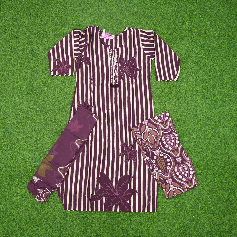 Wine Color Floral Applique Printed 3-Piece Designer Dress