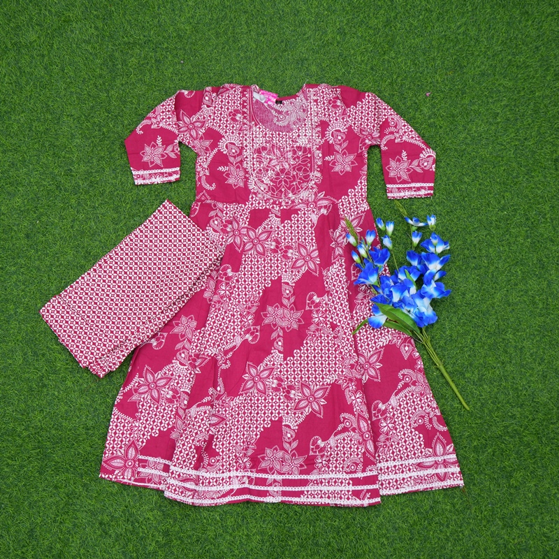 Pink Color Batik and Floral Printed Anarkali 2-Piece Designer Dress