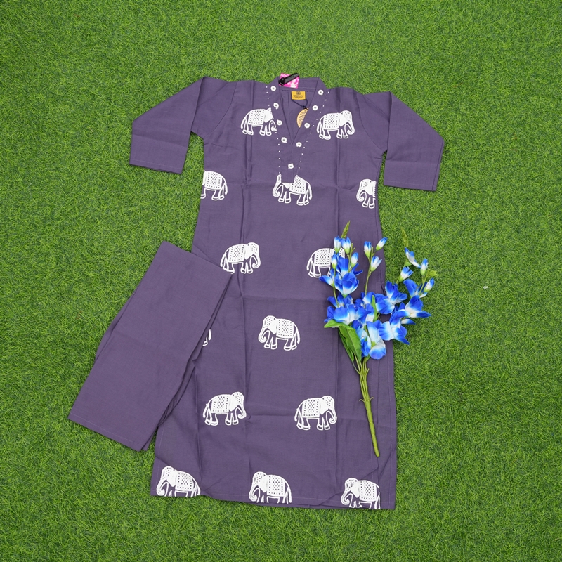 Purple Color Elephant Print Embroidered 2-Piece Designer Dress