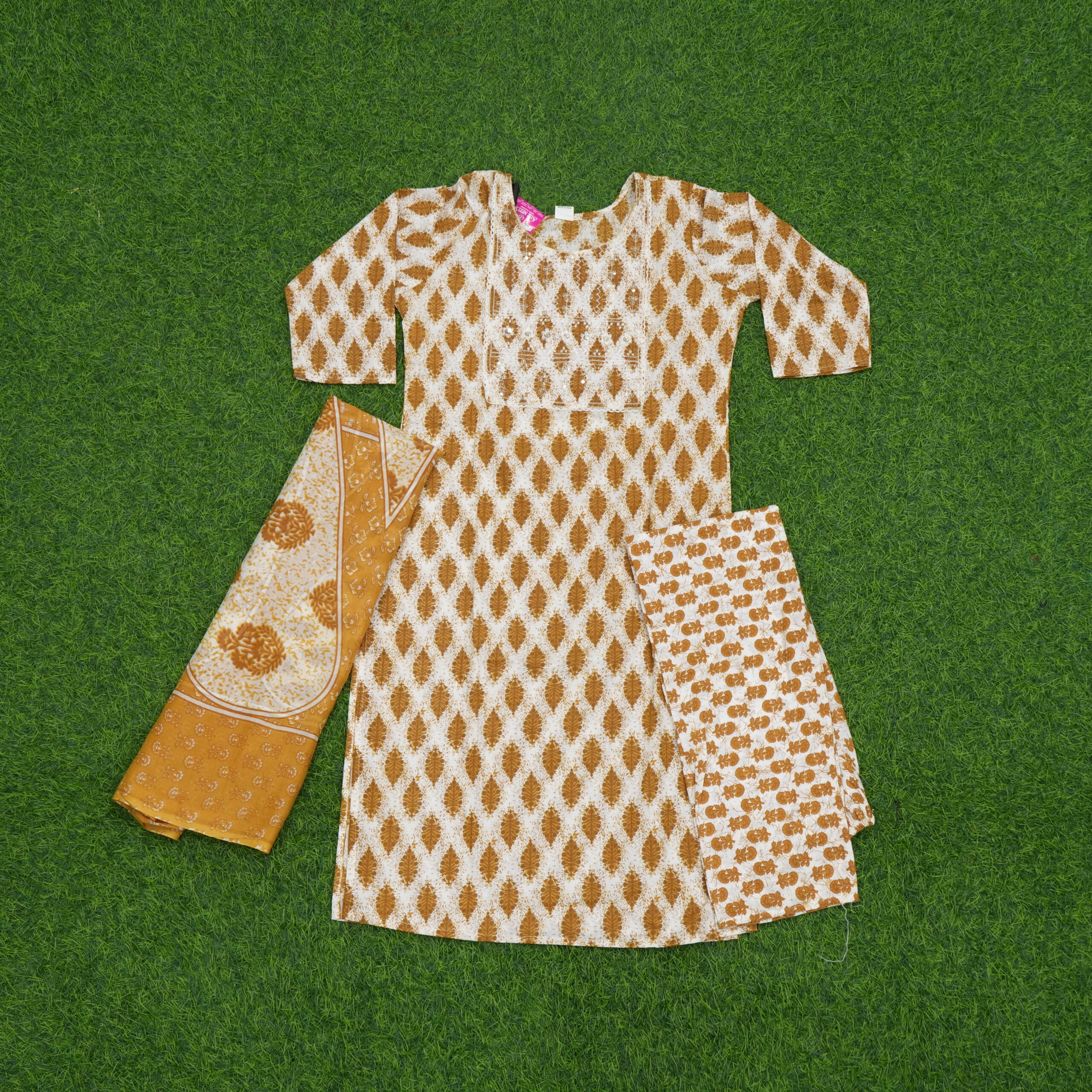 Brown Ikat Printed Cotton 3 Piece Kurta Set with Dupatta