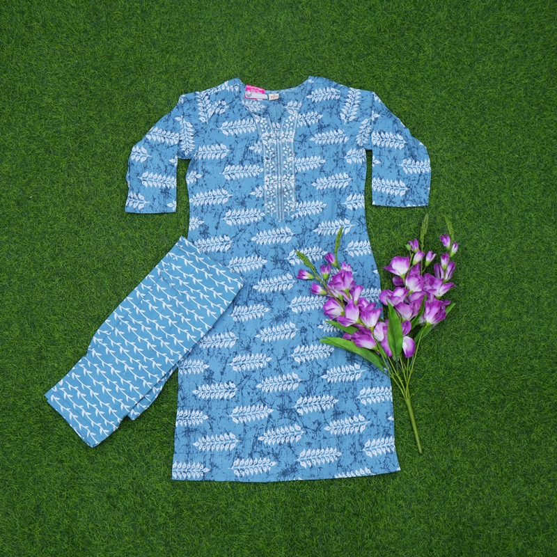 Indigo Blue Color Geometric Printed 2-Piece Designer Dress