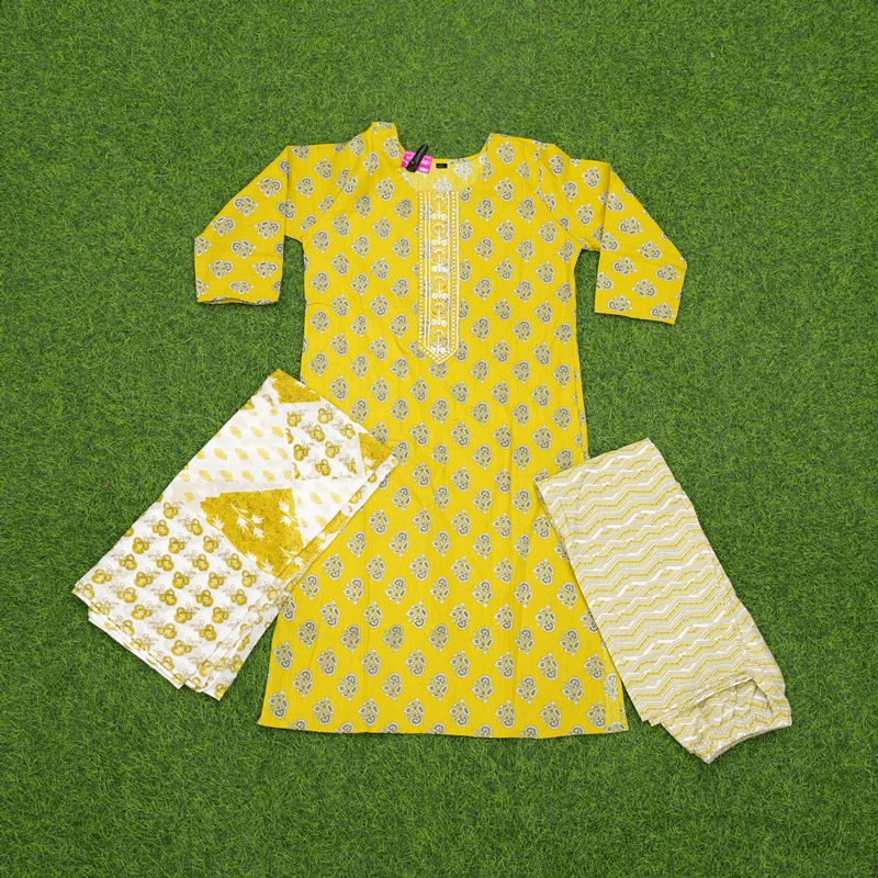 Yellow Color Floral Print Embroidered 3-Piece Designer Dress