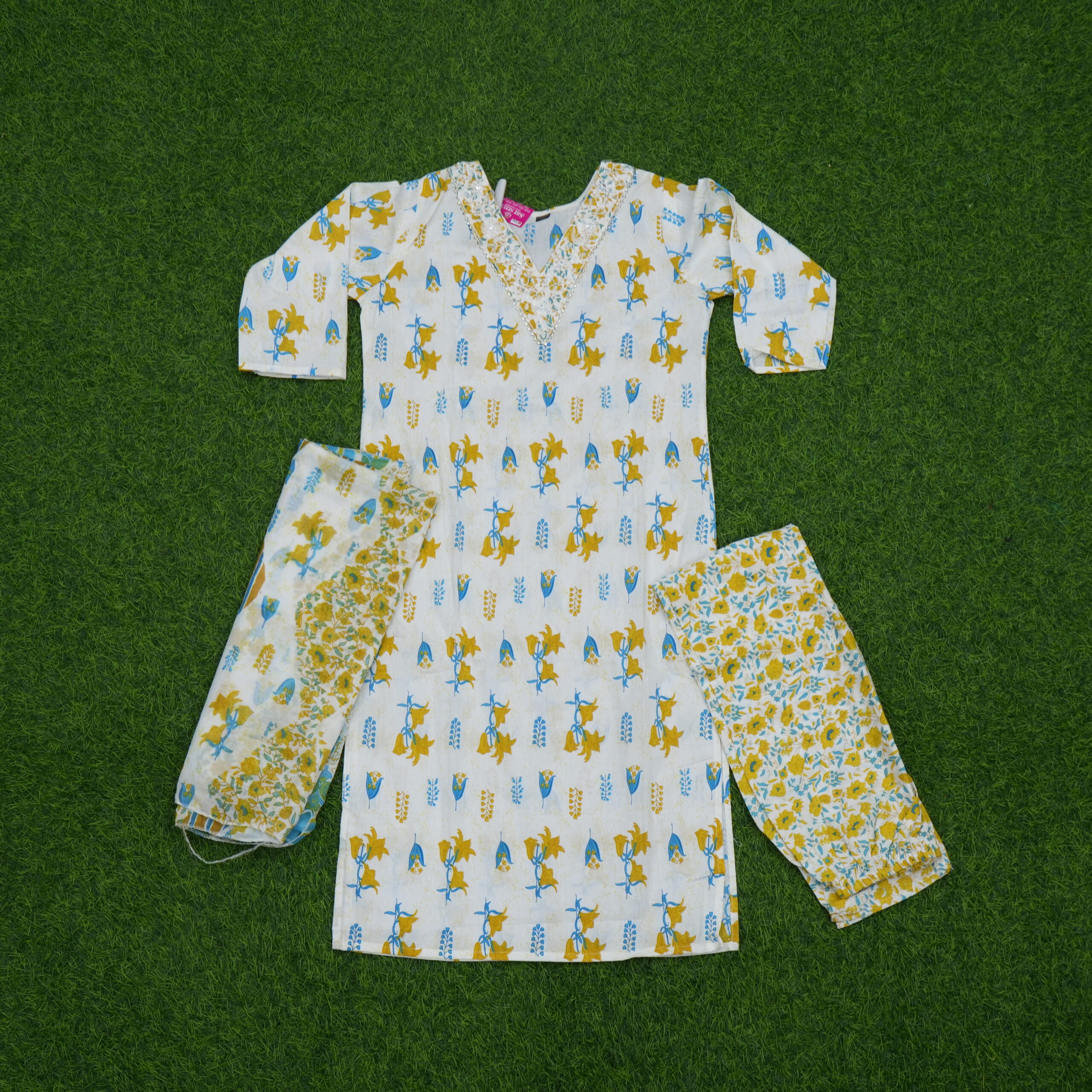 White & Mustard Yellow Floral Printed Cotton 3 Piece Kurta Set with Dupatta