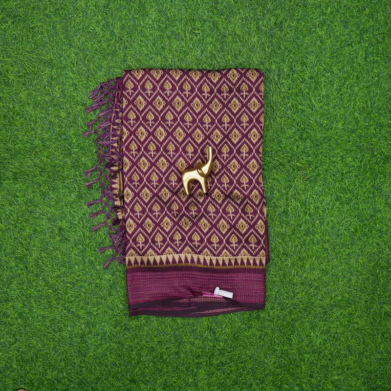 Wine Color Traditional Geometric Ikkat Print Saree