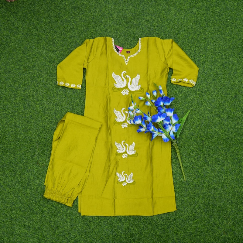 Parrot Green Color Floral Embroidered 2-Piece Designer Dress