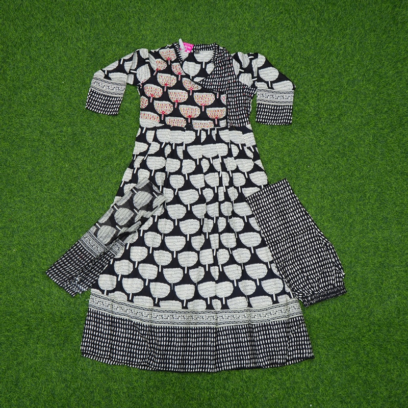 Black and White Color Block Printed Angrakha Anarkali 3-Piece Designer Dress