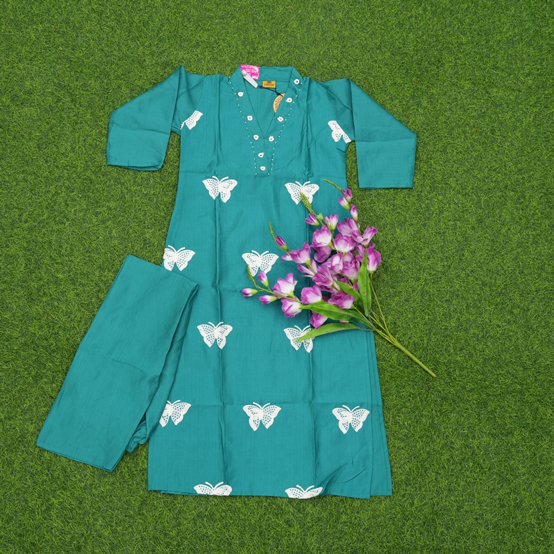 Teal Green Color Butterfly Print 2-Piece Designer Dress