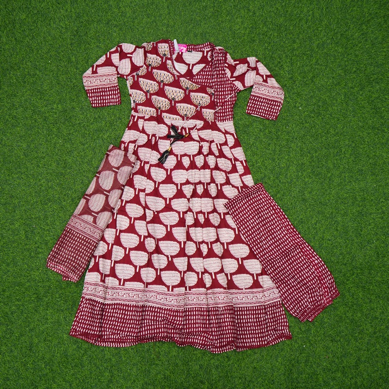 Maroon and White Color Block Printed Angrakha Anarkali 3-Piece Designer Dress